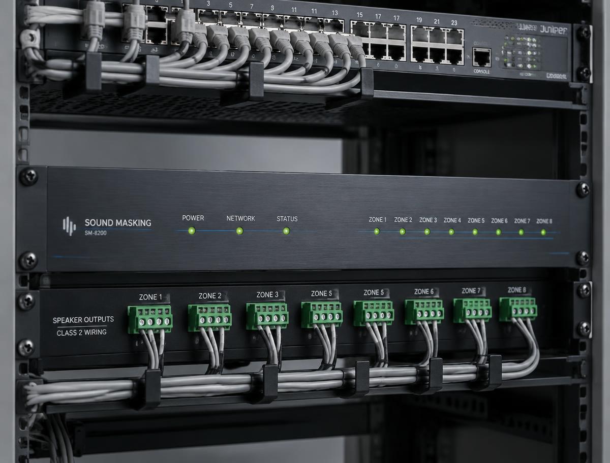 Rack-mounted sound masking control unit with zone outputs in a comms cabinet