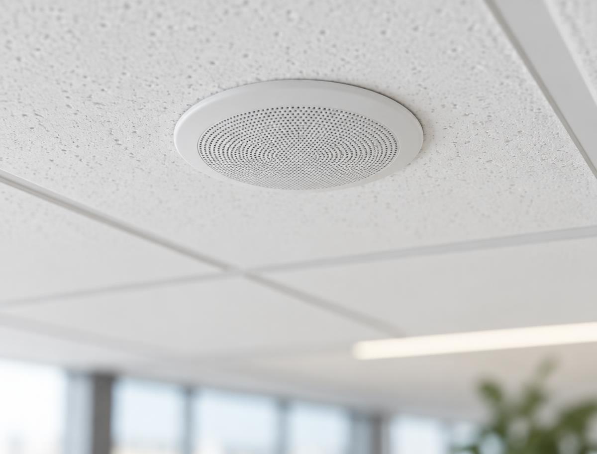 Flush-mounted white sound masking emitter in an office ceiling tile