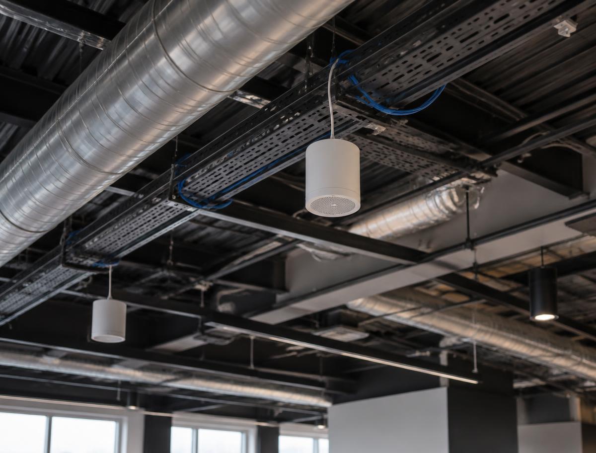 Suspended cylindrical sound masking emitters below an exposed services ceiling