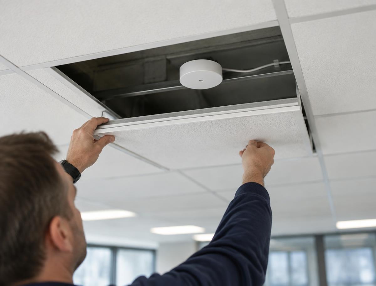 Engineer replacing a ceiling tile after fitting a sound masking emitter above the grid
