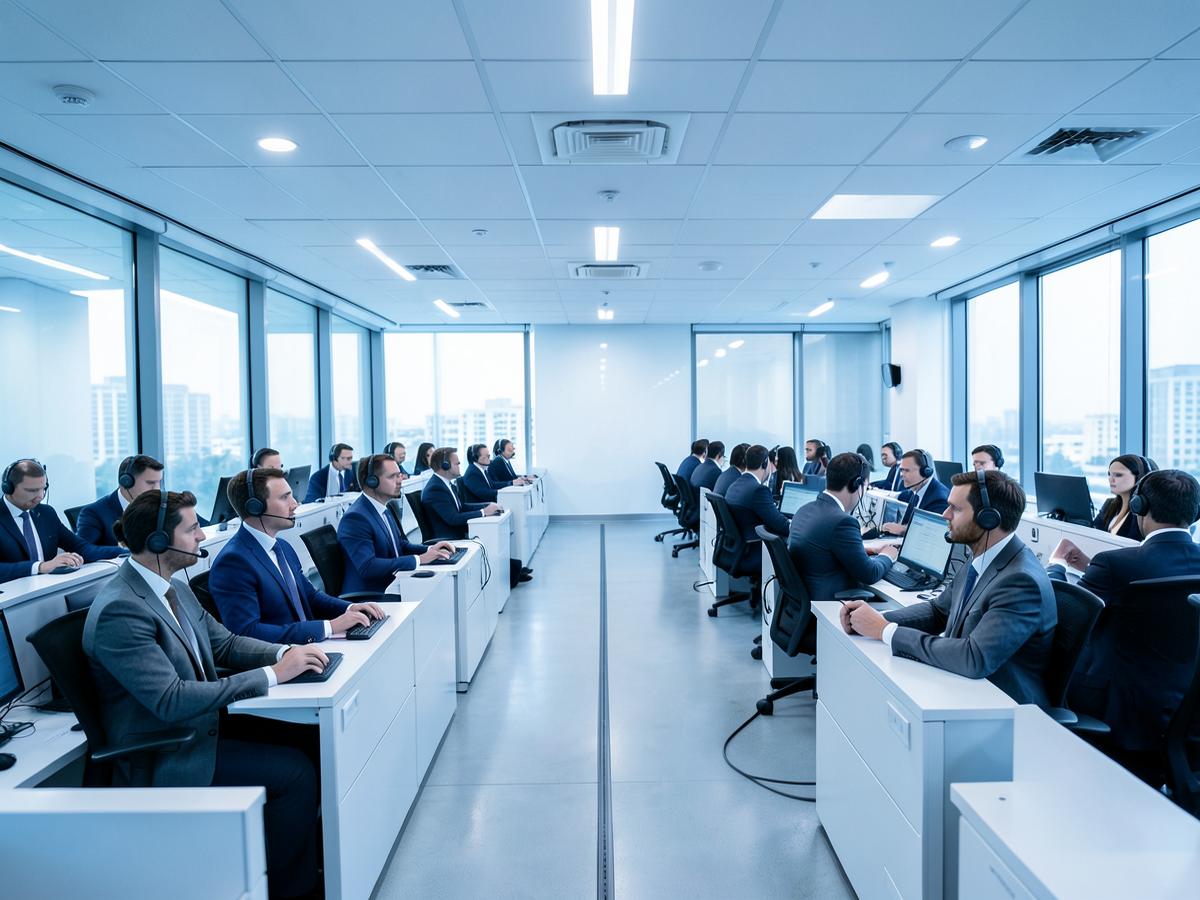 Call centre with rows of agents wearing headsets